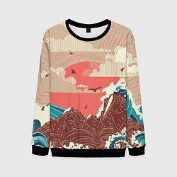 Свитшот мужской Большие океанские волны и скалистый остров на зака, цвет: 3D-черный