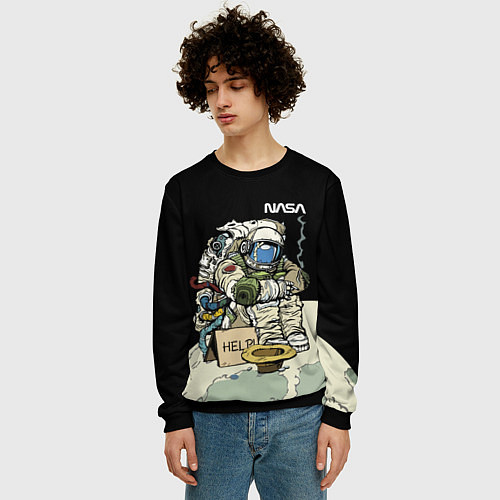 Мужской свитшот NASA - Help! Astronaut - Joke / 3D-Черный – фото 3