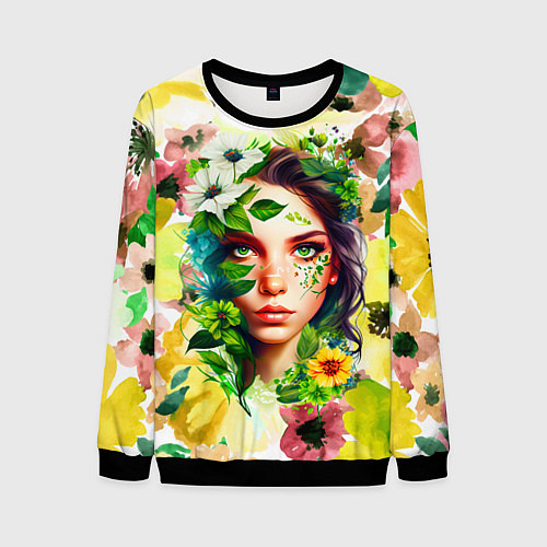 Мужской свитшот Девушка Весна - акварель / 3D-Черный – фото 1