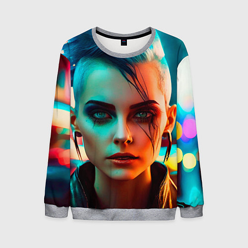 Мужской свитшот Нейросеть - девушка в стиле киберпанк / 3D-Меланж – фото 1
