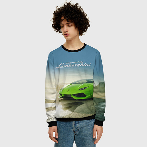 Мужской свитшот Ламборджини на берегу океана / 3D-Черный – фото 3