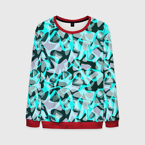 Мужской свитшот Пятнистый абстрактный узор серый с бирюзовыми лини / 3D-Красный – фото 1