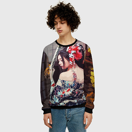 Мужской свитшот Японская девушка с самурайским мечом / 3D-Черный – фото 3