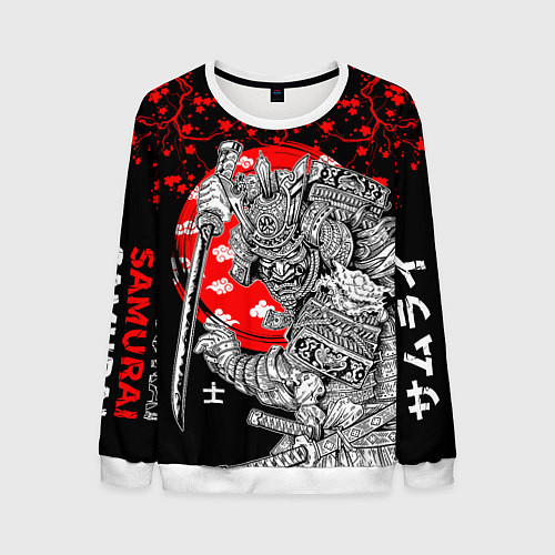 Мужской свитшот Самурай и сакура на черном фоне / 3D-Белый – фото 1
