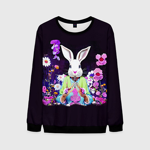 Мужской свитшот Кролик в цветах на черном фоне / 3D-Черный – фото 1
