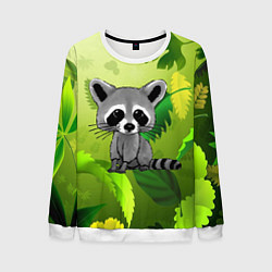 Свитшот мужской Енот на фоне зеленой листвы, цвет: 3D-белый