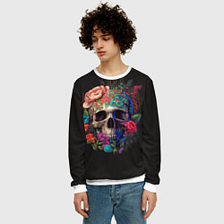 Свитшот мужской Череп украшенный цветами, цвет: 3D-белый — фото 2