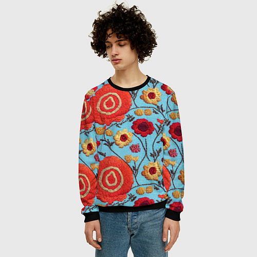 Мужской свитшот Эффект вышивки маки / 3D-Черный – фото 3