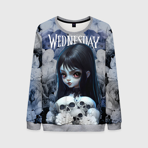 Мужской свитшот Уэнсдей Адамс в цветах - мрачный арт / 3D-Меланж – фото 1