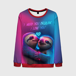 Мужской свитшот Влюбленные ленивцы обнимаются на фоне неонового се