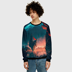 Свитшот мужской Абстрактный летающий корабль и луна, цвет: 3D-черный — фото 2