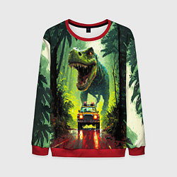 Мужской свитшот Динозавр в погоне за машиной в джунглях