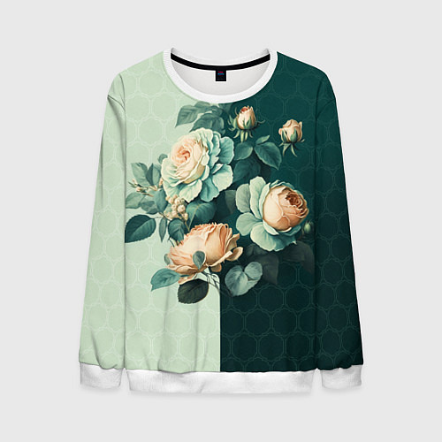 Мужской свитшот Розы на зеленом фоне / 3D-Белый – фото 1