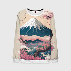 Свитшот мужской Японский пейзаж: цветение сакуры у горы Фудзияма, цвет: 3D-белый