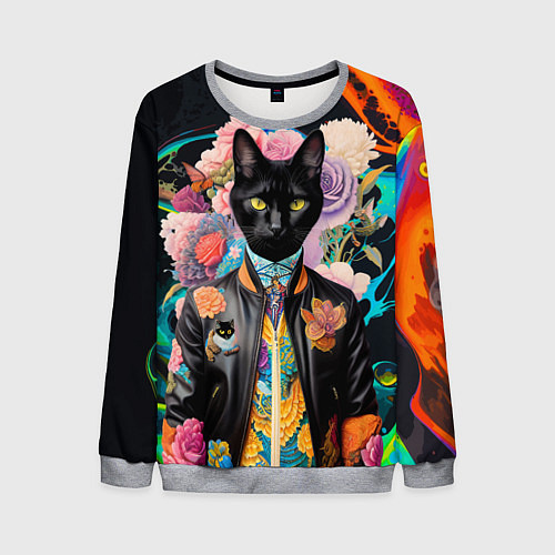 Мужской свитшот Модный чёрный кот - нейросеть - мода / 3D-Меланж – фото 1