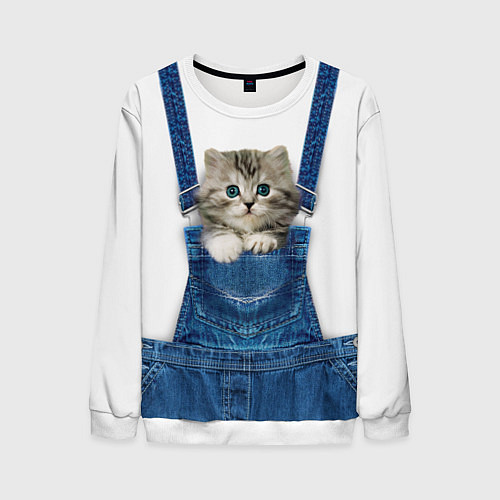 Мужской свитшот Котенок в кармане комбинезона / 3D-Белый – фото 1