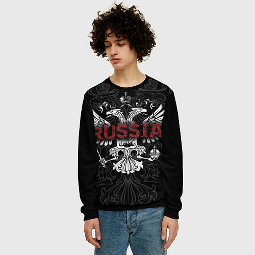 Мужской свитшот Герб России с надписью Russia / 3D-Черный – фото 3