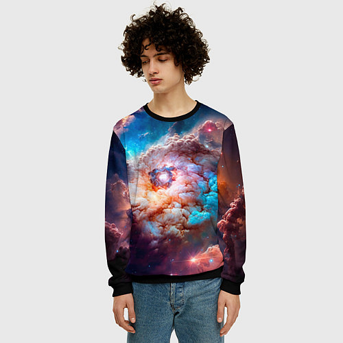 Мужской свитшот Небула в космосе в голубо-розовых тонах - нейронна / 3D-Черный – фото 3
