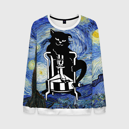 Мужской свитшот Кот Бегемот на примусе в Звездной ночи / 3D-Белый – фото 1