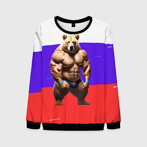 Мужской свитшот Накаченный медведь на Российском флаге / 3D-Черный – фото 1