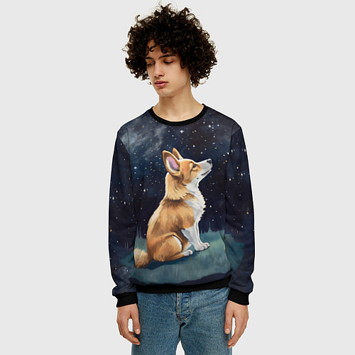 Мужской свитшот Корги и звездное небо - акварель / 3D-Черный – фото 3