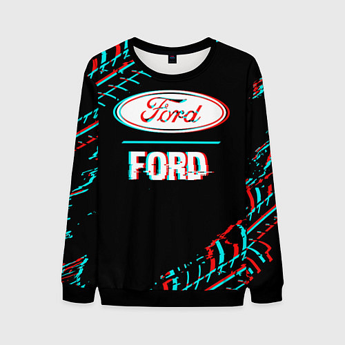 Мужской свитшот Значок Ford в стиле glitch на темном фоне / 3D-Черный – фото 1
