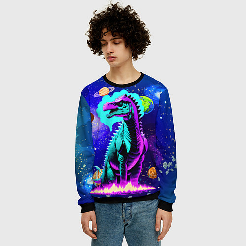 Мужской свитшот Динозавр в космосе - неоновое свечение / 3D-Черный – фото 3