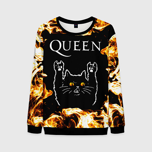 Мужской свитшот Queen рок кот и огонь / 3D-Черный – фото 1