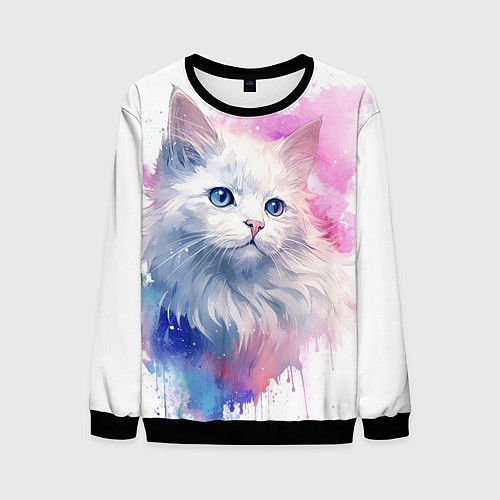 Мужской свитшот Белая кошечка акварель / 3D-Черный – фото 1