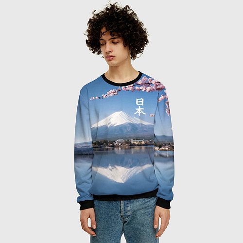 Мужской свитшот Цветущая сакура на фоне Фудзиямы - Япония / 3D-Черный – фото 3