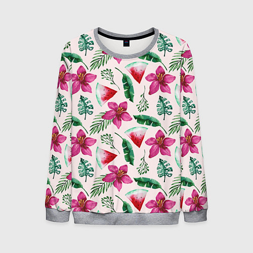 Мужской свитшот Арбузы, цветы и тропические листья / 3D-Меланж – фото 1