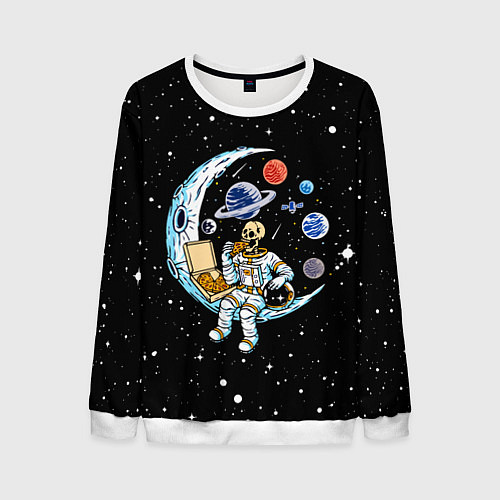 Мужской свитшот Skeleton astronaut eats pizza while sitting on the / 3D-Белый – фото 1