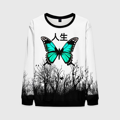 Мужской свитшот С бабочкой на фоне японского иероглифа / 3D-Черный – фото 1