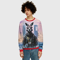 Свитшот мужской Кенгуру в стиле киберпанк на фоне мегаполиса, цвет: 3D-красный — фото 2