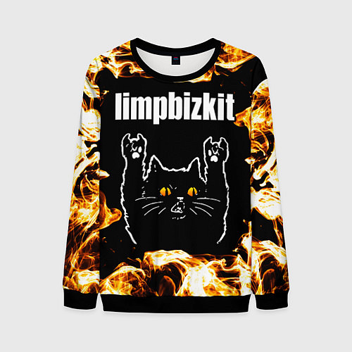 Мужской свитшот Limp Bizkit рок кот и огонь / 3D-Черный – фото 1