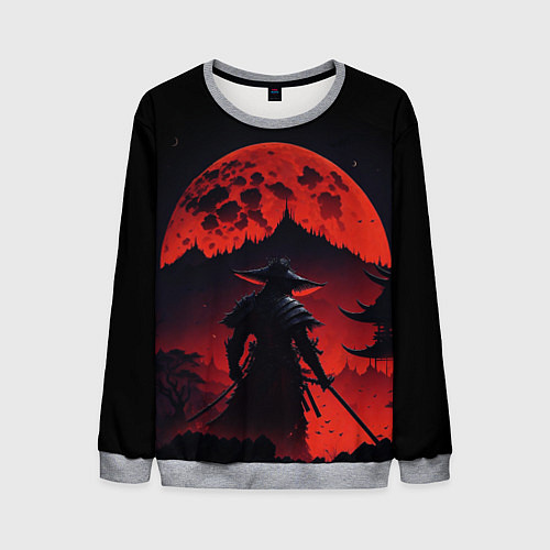 Мужской свитшот Самурай, деревня и луна - мрачный / 3D-Меланж – фото 1