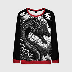 Свитшот мужской Черно-белый дракон и волны, цвет: 3D-красный