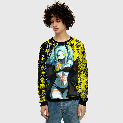 Мужской свитшот Ребекка в куртке самурая - Киберпанк / 3D-Черный – фото 3