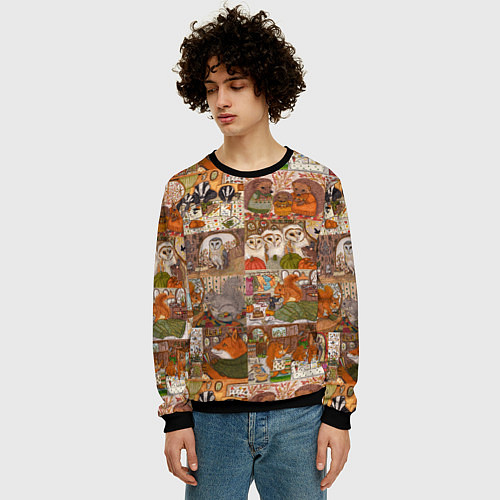 Мужской свитшот Коллаж из сказочных зверей - совы, белки, ёжики / 3D-Черный – фото 3