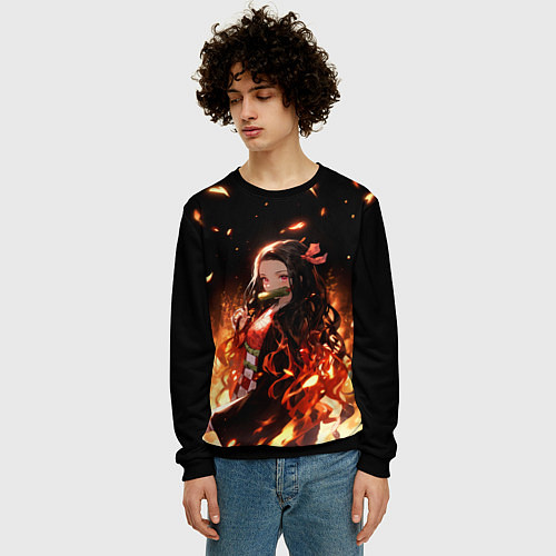 Мужской свитшот Незуко и пламя - клинок / 3D-Черный – фото 3