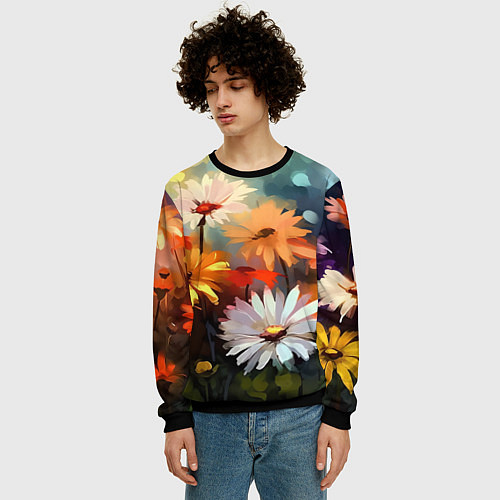 Мужской свитшот Маслянные ромашки / 3D-Черный – фото 3