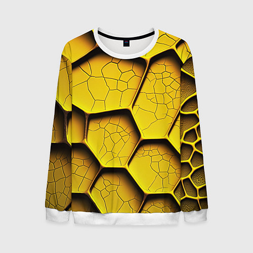 Мужской свитшот Желтые шестиугольники с трещинами - объемная текст / 3D-Белый – фото 1