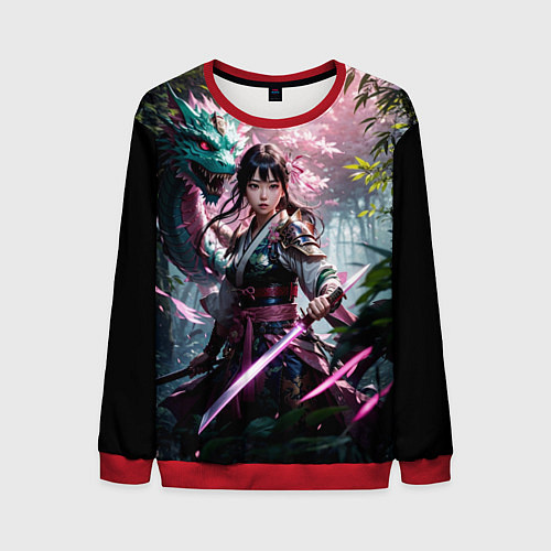 Мужской свитшот Японская девушка и дракон / 3D-Красный – фото 1