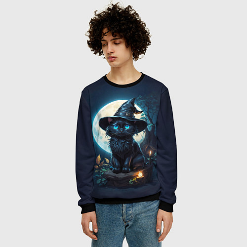 Мужской свитшот Кот ведьмы - Хэллоуин / 3D-Черный – фото 3