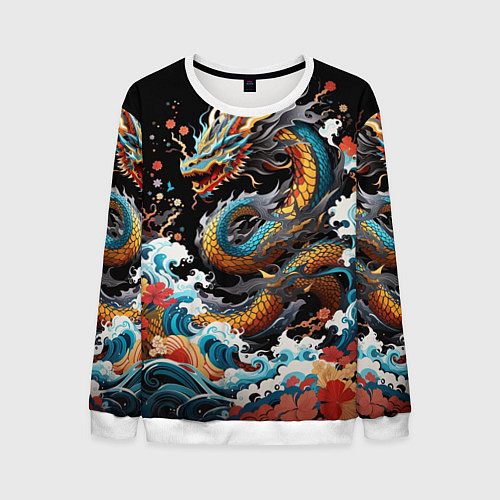 Мужской свитшот Дракон на волнах в японском стиле арт / 3D-Белый – фото 1