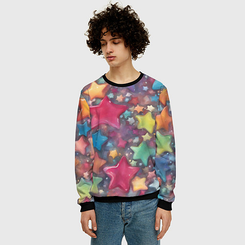 Мужской свитшот Разноцветные новогодние звёзды / 3D-Черный – фото 3