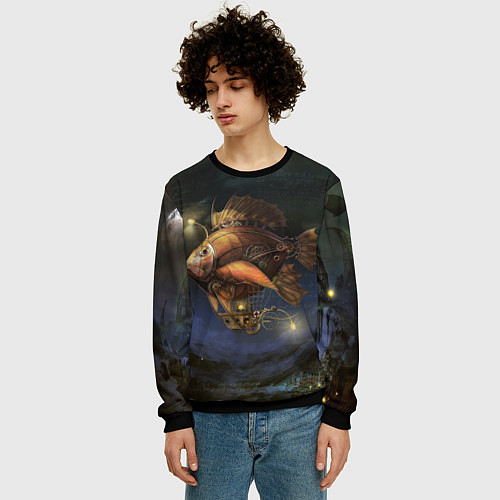 Мужской свитшот Рыба-дирижабль в ночи / 3D-Черный – фото 3