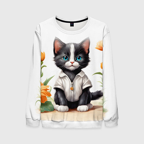 Мужской свитшот Котенок на цветочной поляне / 3D-Белый – фото 1