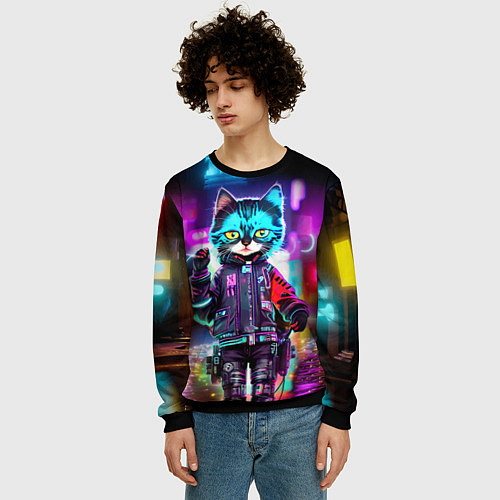 Мужской свитшот Cool kitten - cyberpunk - neon glow / 3D-Черный – фото 3