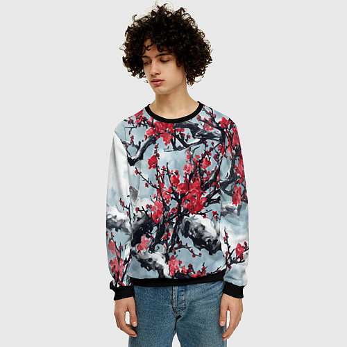 Мужской свитшот Лепестки цветущей вишни - сакура / 3D-Черный – фото 3